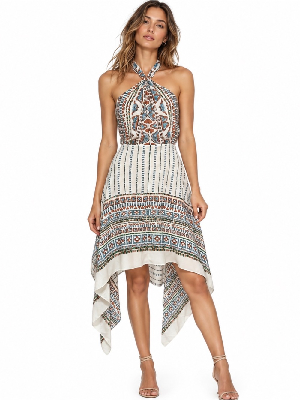 BCBGMaxAzria Boho Halter Handkerchief-Hem Midi Dress with Blue & Tan Print | 0